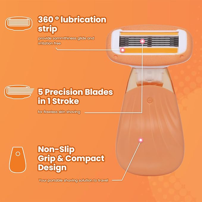 Mini Travel razor Kit for women - 1 Handle and 3 Cartridges - Extra Smooth 5-blade With Case for Close Shaving - Orange