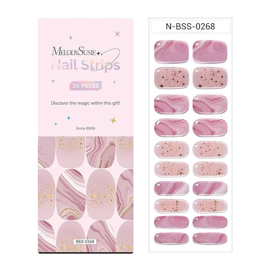 MelodySusie Semi Cured Gel Nail Strips (Pink Glitter Marble), Works with Nail lamp, Salon Quality, Long Lasting, Easy to Apply and Remove, Includes 20Pcs, 2 Prep Pads, Nail File and Wooden Stick