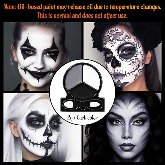 Black White Grey Face Body Paint with Applicator, Oil Based Face Painting Kit for Halloween Skeleton, Skull, Gothic Makeup, Costume Parties, Dress Up, Cosplay, Stage & Special FX Makeup - Travel Size