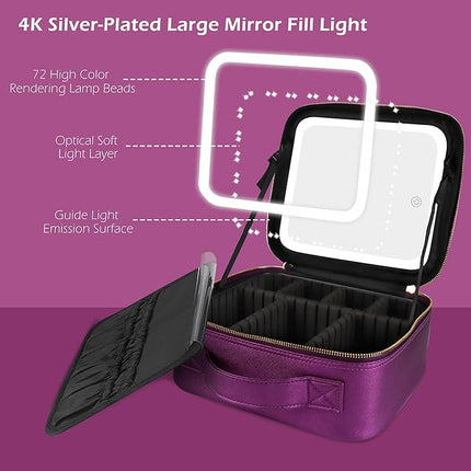 MOMIRA Travel Makeup Bag Cosmetic Bag Makeup Organizer Bag with Lighted Mirror, Adjustable Brightness in 3 Color Scenarios, Waterproof Makeup Train Case, Gift for Women - Brilliant Purple
