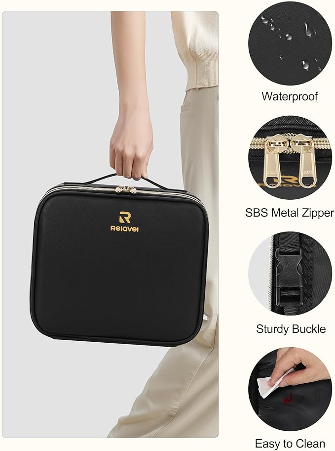 Travel Makeup Bag with LED Mirror Double Layer Makeup Case with Lighted Mirror Dual Layer Cosmetic Train Case Portable Artist Organizer Bag with Dividers and Rechargeable Vanity (Black, Small)