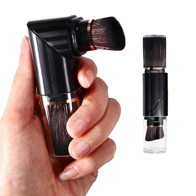 Vtrem Retractable Travel Makeup Brush: Black Kabuki Double-Ended Foundation Blush Brushes Mini Compact Face Brush with Cover Highlighter Flawless Powder Cosmetics