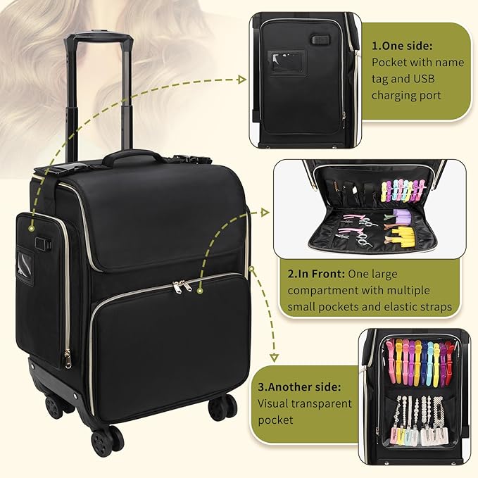 OCHEAL Hairstylist Traveling Case with 4 Clear Travel Makeup Bags Set, Cosmetic Makeup Trolley Train Case Hairdresser Case with Detachable Pouch & 360° Rotatable Wheels for HairdressingTool Organizer