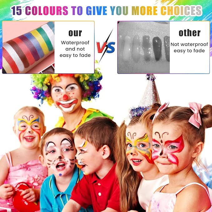 Face Painting Kit for Kids Adults, Water Activated Body Face Paint, 15 Colors Water Based Facepaints Fx Makeup Palette ,Non Toxic Hypoallergenic Safe Facepaint for Halloween Party Birthday Cosplay
