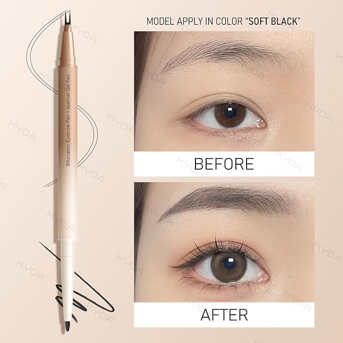 KYDA Microblading Eyebrow Pen, Dual-Ended Eyebrow Pencil with 2-Fork-Tip & Gel Eyeliner for Women, Eye Brow Pen with Gel Eyeliner, Microblading Eye Brow Pencil with Hair Like Strokes, Black