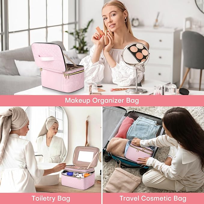 Double Layer Travel Makeup Bag Women, Cosmetic Organizer Case, Travel Essentials Accessories with Shoulder Strap for Bottles, Brushes, Conditioner, Skin Care Products, Pink