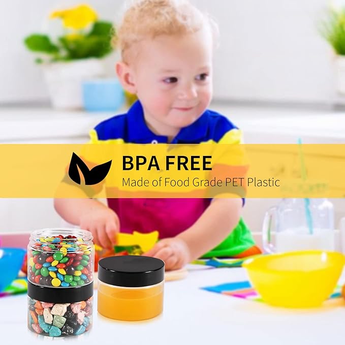 EkkoVla 48 Pack 4 oz Clear Plastic Jars Wide Mouth Round Containers with Black Lids BPA FREE, Empty Multi-use Refillable Storage Jar with Airtight Lid for Cosmetics Beauty Products