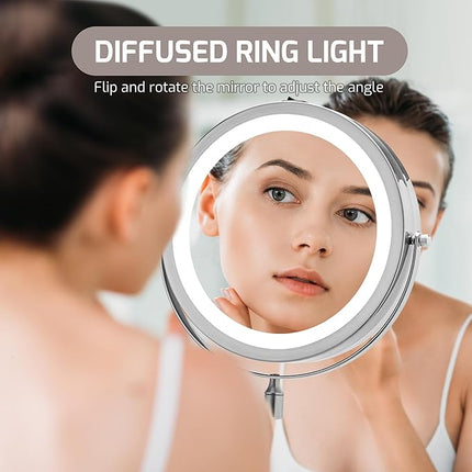 OVENTE Wall Mounted Lighted Makeup Mirror, 9" Double Sided 1X/10X Magnifying Vanity Mirror for Bathroom with LED Lights, Cordless, 360° Rotation and 13" Extendable Arm, Nickel Brushed MFW85BR1X10X