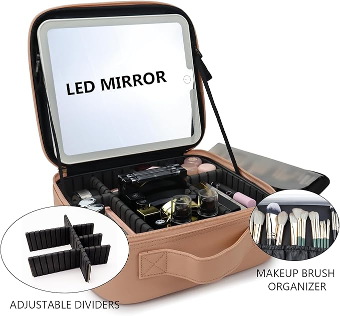 Travel Makeup Bag with LED Mirror Travel Makeup Organizer with 3 Lighted Settings, Adjustable Dividers and Makeup Brush Storage Bag Khaki