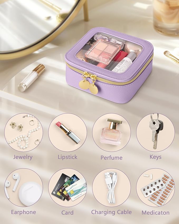 Mini Makeup Bag, Small Makeup Bag for Purse, Waterproof Clear Makeup bag, Leather Cosmetic Bag, Square Make Up Bag Pouch, Toiletry Bag for Travel, Car and Women, Purple