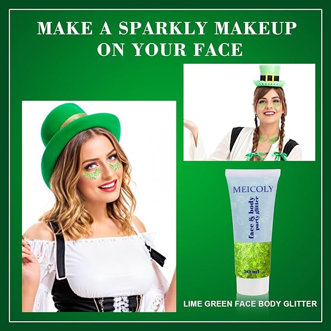 MEICOLY St Patricks Day Accessories,St Patricks Day Outfits for Women,Lime Green Face Glitter,Light Green Body Glitter,Glitter Face Paint for Party Festival,Chunky Glitter Makeup for Face/Body/Hair
