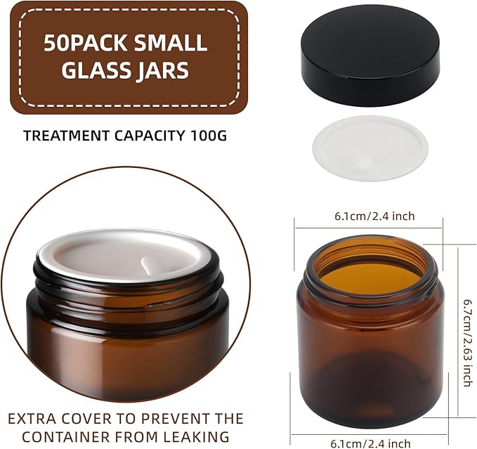 50Pcs 4 oz Glass Jars With Lids, Amber Small Containers With Inner Liners Whit&Premium Glossy Black Caps for Lotins,Powders,Ointments,4oz Sample&Candle Small Making