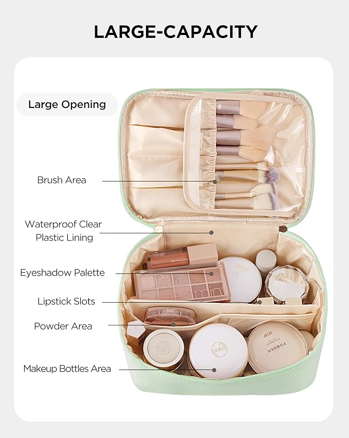 Makeup Bag for Women Large Travel Makeup Bag Organizer Portable Toiletry Bag Cute Makeup Bags Waterproof Leather Cosmetic Bag Makeup Case with Removable Dividers, Green