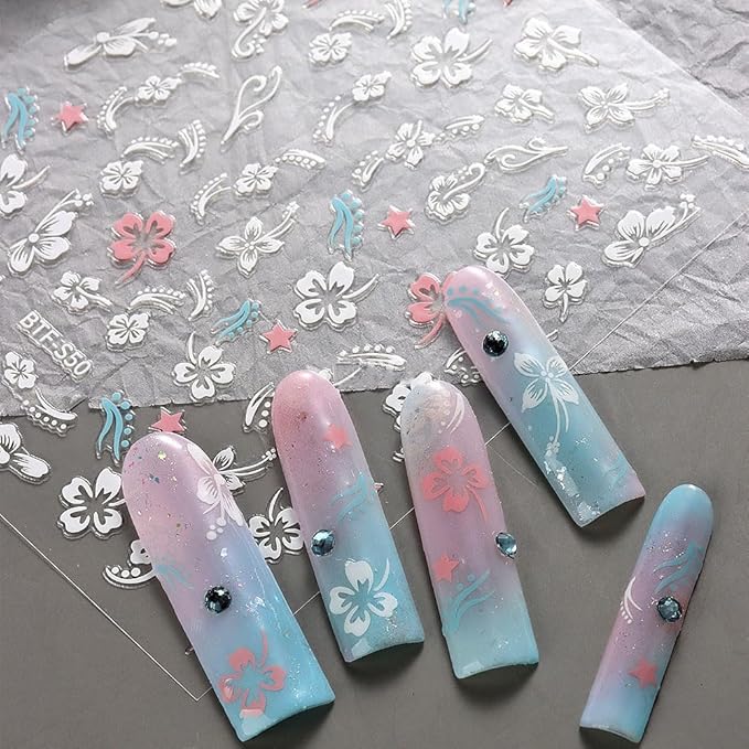 Dornail 8 Sheets 3D Colorful Flower Nail Stickers,Hollow White Hibiscus Flowers Nail Art Stickers Blooming Pink Hibiscus Floral Leaf Nail Decals for Women DIY Nail Art Supplies Nail Designs Nail Decor