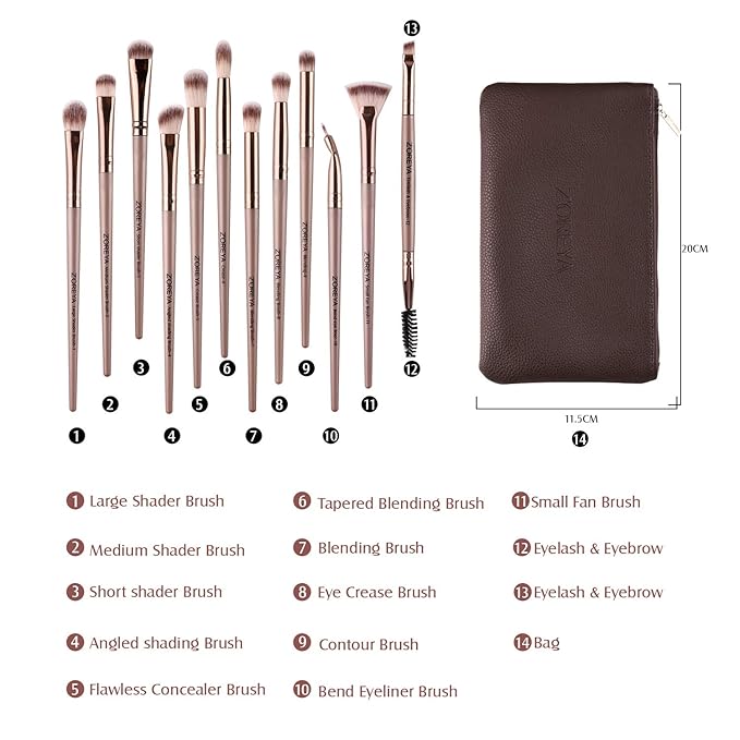 Z'OREYA Eye Makeup Brushes, 12 Pcs Professional Eye Brush Set Eyeshadow, Eyebrow, Blending, Fan, Eyelash Brush Set With Carrying Bag(Champagne Gold)