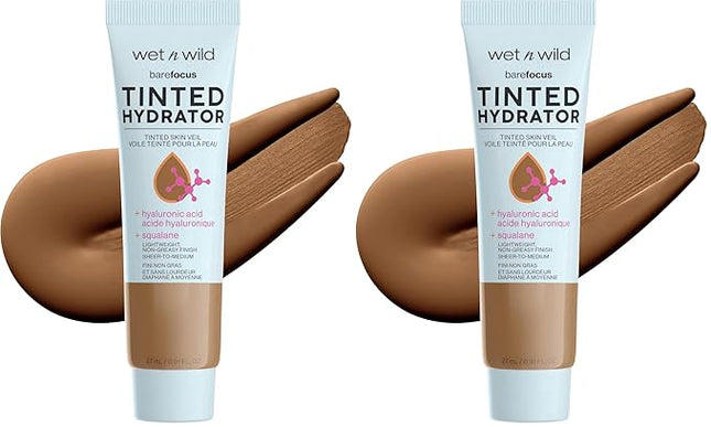wet n wild Bare Focus Tinted Hydrator Matte Finish, Deep | Oil-Free | Moisturizing Makeup | Hyaluronic Acid | Sheer To Medium Coverage (Pack of 2)