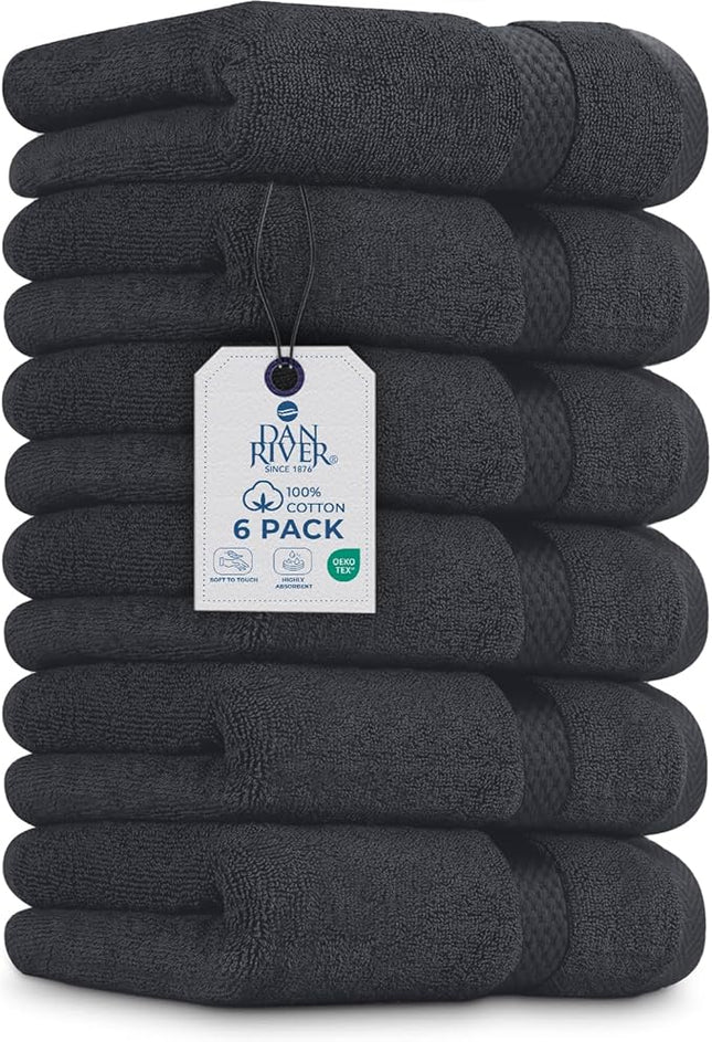 DAN RIVER 6-Pack Premium Hand Towels (16x28 Inches) - 100% Cotton, Ultra Soft, Lightweight, Highly Absorbent Towels for Bathroom, Spa, Gym, Salon, Hotel, and Travel - Charcoal