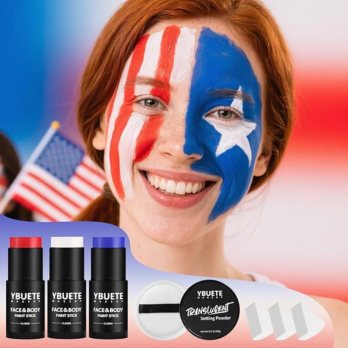Red White Blue Face Body Paint Stick Set with Translucent Setting Powder and Sponges, Full Coverage Face Painting for 4th of July Pride Independence Day or America's Patriotic Veterans Events