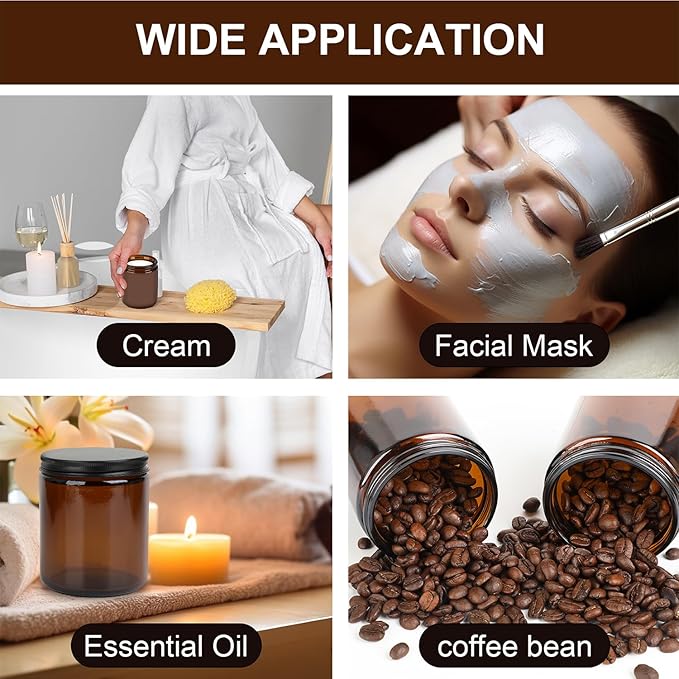 18 Pack Amber Glass Jars, 8 Oz Thick Amber Round Glass Jars, with Black Metal Lids, for Spice, Liquid, Sample, Leakproof and Dishwasher Safe