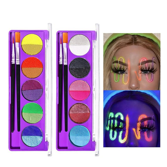 2 Packs Water Activated Eyeliner Palette, Halloween Neon Rainbow Colorful Face Body Paint Colored Liner Makeup Matte Eyeliner with Eyeliner Brushes U V Glow Fluorescent Black White Paint Makeup Set
