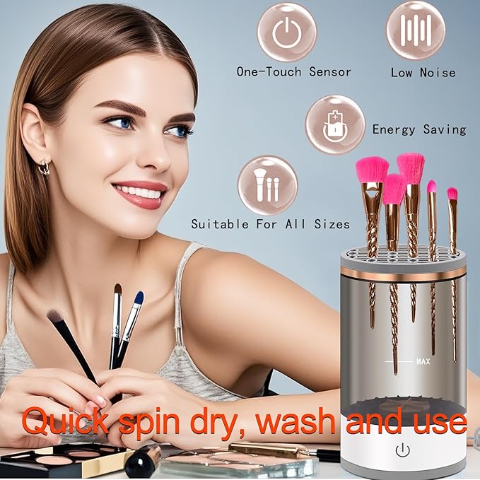 Electric Makeup Brush Cleaner Machine: Portable Face Beauty Brushes Cleaning Blender with Silicone Holder, Facial Care Tool Washer, Sponge Washing Device, Girls Travel Cosmetic Organizer (Black)