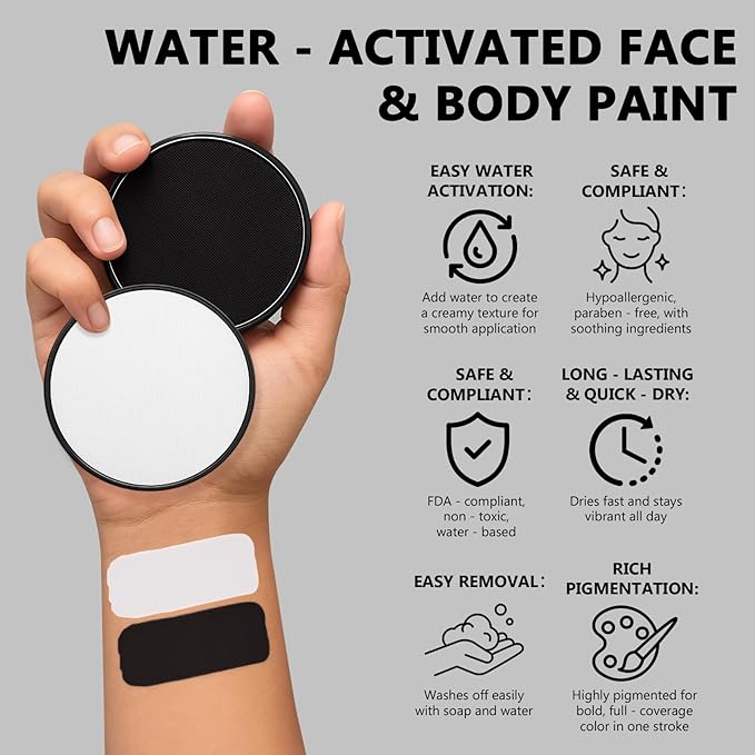 Black & White Face Body Paint Kit for Kids & Adults, Non-Toxic Water-Based Professional Face Painting Palette with Brushes for Halloween Clown Goth Vampire SFX Makeup, Art Stage Cosplay Parties