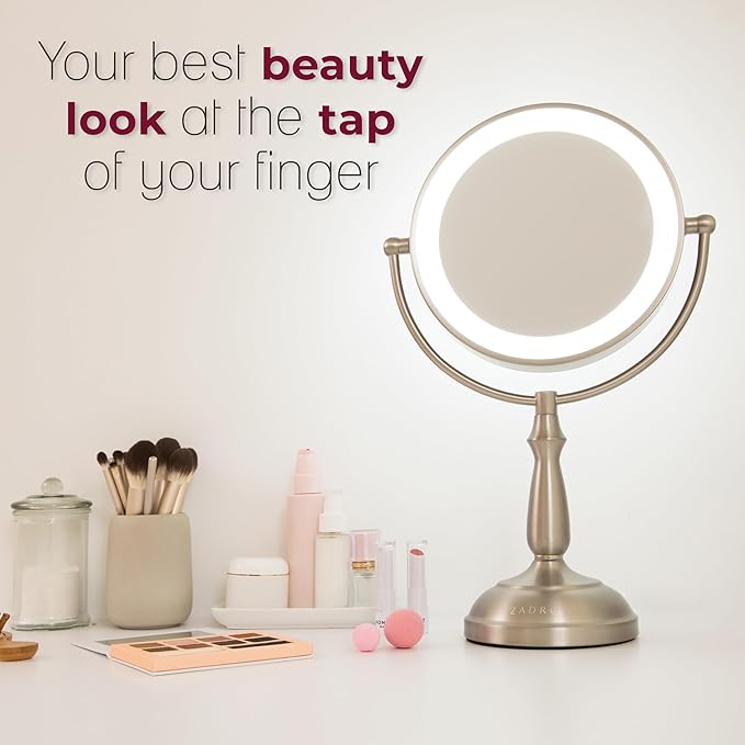 Zadro 11" Makeup Mirror with Lights and Magnification Dimmable Touch LED Lighted Makeup Mirror with Magnification (Large | 11" x 17" | 5X/1X, Satin Nickel)