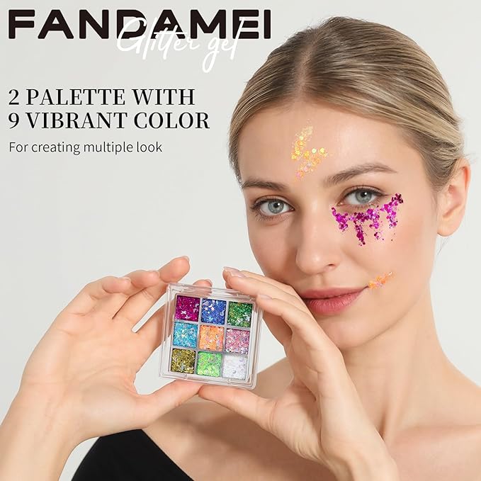 FANDAMEI Star&Moon Face Glitter, Body Glitter Hair Glitter for Glitter Makeup, 2 PCS Glitter Gel 18 Grids for Body&Hair for Kids Women, Halloween Rave Party Face Paint