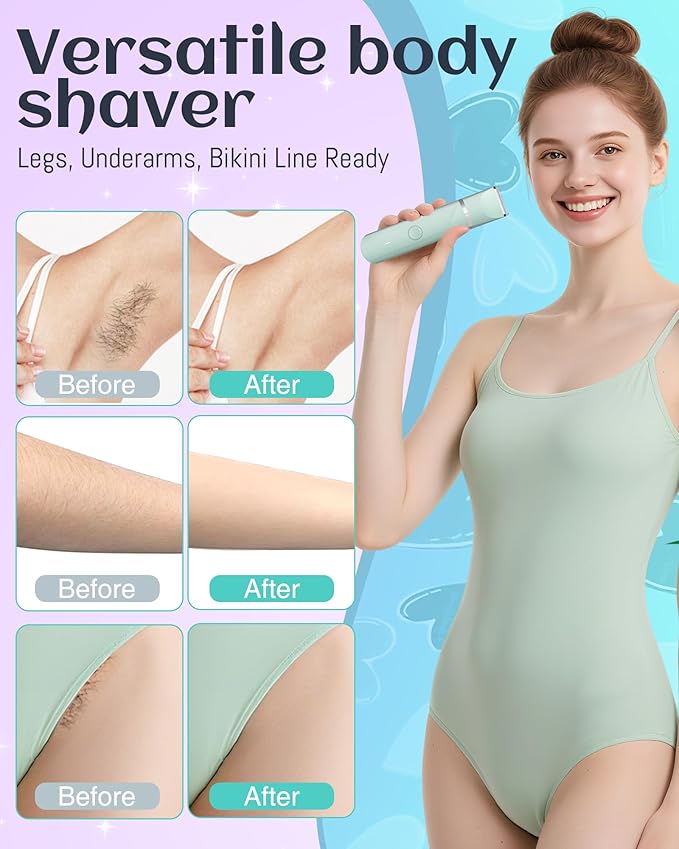 Waterproof Bikini Trimmer Women Electric Razor for Pubic Hair Women's Foil Shaver Rechargeable Shaver Removal with Snap-in Ceramic Blades IP7X Washable Head,Wet and Dry Use,Green