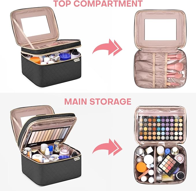 Double Layer Travel Makeup Bag Women, Cosmetic Organizer Case, Travel Essentials Accessories with Shoulder Strap for Bottles, Brushes, Conditioner, Skin Care Products, Black