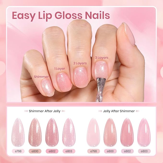 Beetles Pink Gel Nail Polish Set, 8 Colors Nude Pink Jelly Gel Polish Shimmer Glitter Sheer Transparent Effect Classic Neutral Nail Polish Soak Off UV French Nail Art Manicure Salon Gift for Women