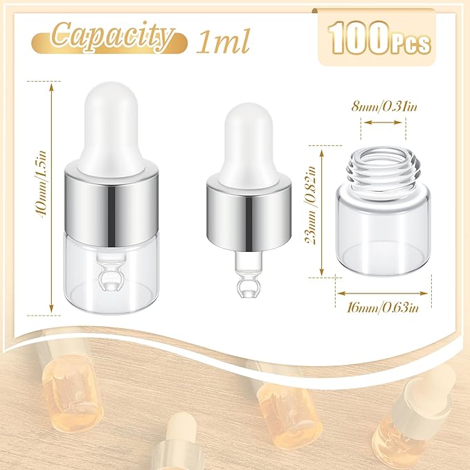 100 Pcs Mini Glass Oil Dropper Bottle Bulk, Clear Essential Small Empty Bottles Sample Containers Perfume Liquid Vials with Cap for Traveling (1 ml,Silver)