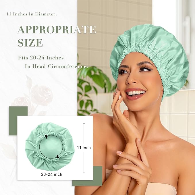 Reusable Shower Cap for Women, Large Waterproof Shower Essentials Bonnet Washable Elastic Band Bath Hair Wrap Hat for Long Hair, Braids(Green Bean)
