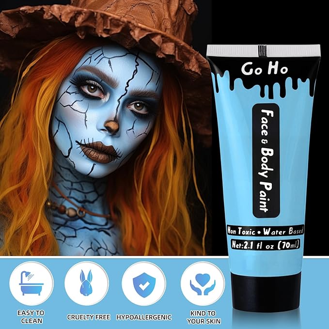Go Ho Light Blue Face Body Paint Washable(2.37oz/pc),Water Based Cream Pale Blue Face Paint,Body Paint for Halloween Costumes Festivals Cosplay SFX Ghost Bride Sally Makeup