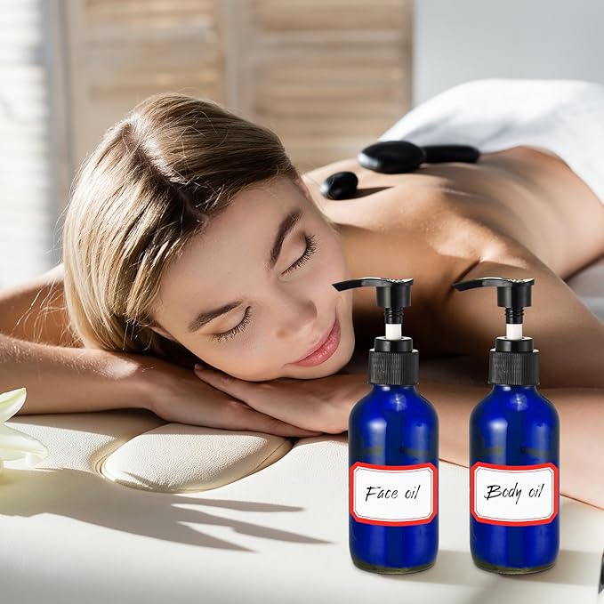 Tanlade 12 Pcs Glass Pump Bottle Dispenser 4 oz Travel Bottles with Pump Refillable Glass Containers for Toiletries Lotion Liquid Soap Shampoo Essential Oils Cosmetic Travel Accessories(Blue)