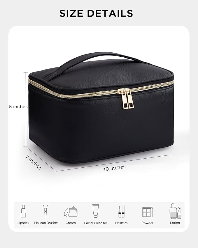 Large Travel Makeup Bag Organizer with Removable Dividers, Waterproof Leather Cosmetic Case, Black