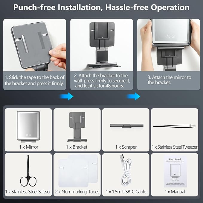 Heated Shower Mirror Fogless for Shaving, 3 Colors Stepless Dimmable Lights Fogless Mirror for Shower, Rechargeable Anti Fog Shaving Mirror with Razor Holder for Men, Light Memory Function, Gray