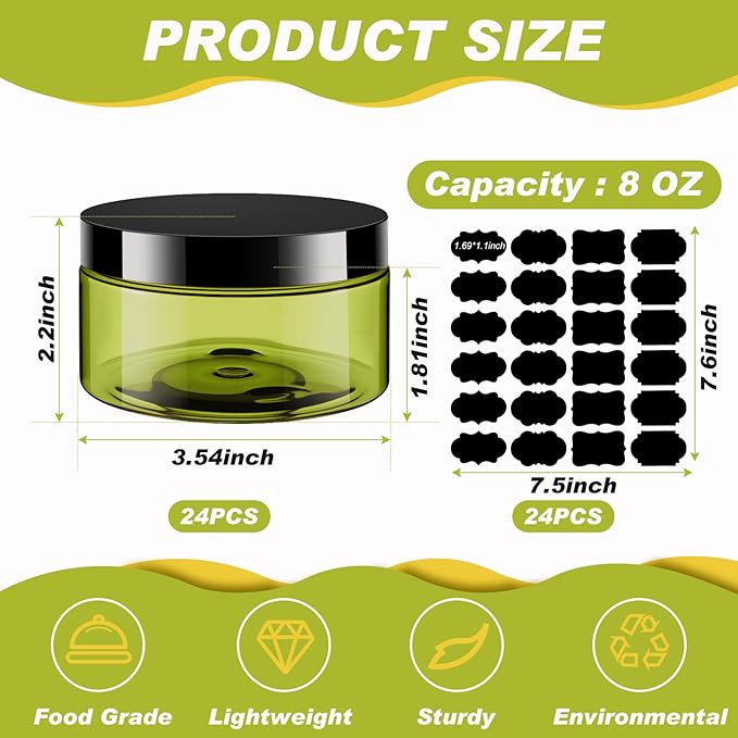 Dandat 24 Pcs 8 oz Plastic Jar Container with Lid and Label Refillable Empty Round Green PET Cosmetic Sample Containers for Lotion, Cream, Ointments, Body Butter, Makeup, Travel Storage