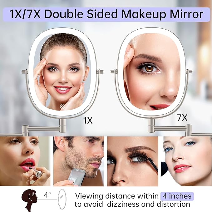 Lighted Wall Mounted Makeup Mirror, Double Sided 1X/7X Magnifying Mirror, 3 Color Lighting Option Dimmable, 360 Rotation Extension Foldable Arm, Oval Frame Rechargeable Vanity Mirror with Lights
