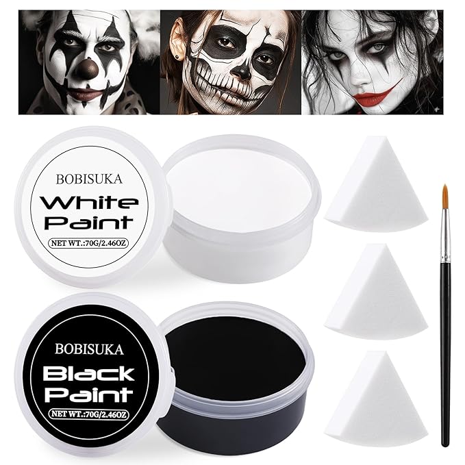 BOBISUKA Halloween Black and White Face Body Paint Set Oil Based Face Painting Kit for Adult Non Toxic Large Capacity Facepaint for Cosplay Clown Skeleton Vampire Special Effects Makeup