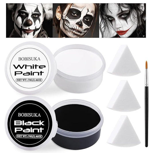 BOBISUKA Halloween Black and White Face Body Paint Set Oil Based Face Painting Kit for Adult Non Toxic Large Capacity Facepaint for Cosplay Clown Skeleton Vampire Special Effects Makeup