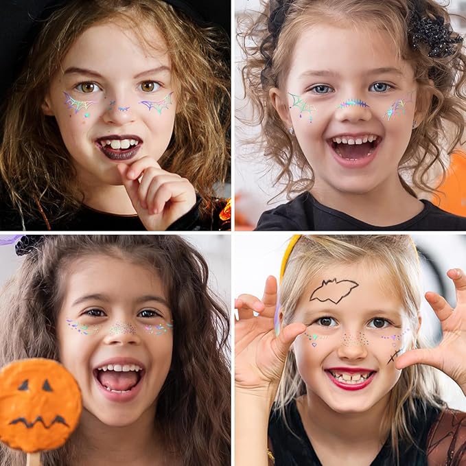 8PCS Halloween Glitter Freckles Face Tattoo, Sparkle Freckles for Women and Kids, Cute Star Waterproof Gold Temporary Face Tattoos Glitter Glow Up Patches (8PCSC Holographic Multicolor)