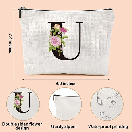 Personalized Makeup Bag, Initial Letter U Makeup Bag for Women Rose Monogram Cosmetic Bags Toiletry Pouch, Monogrammed Gifts for Women Mom Grandma Sister Friends Thanksgiving Christmas Birthday Gift