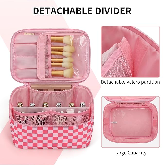 OCHEAL Makeup Bag Portable Cosmetic Bag For Women, Large Capacity Travel Makeup Case Organizer, Toiletry Bag for Girls Traveling With Handle and Divider-Pink