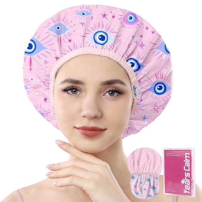 Years Calm Evil Eye Shower Caps for Women Reusable Waterproof, Pattern and Solid Color Dual-Layer Design, Hair Cap for Shower with Elastic Band, Fits Braids, Dreadlocks & Long Hair (Pink)