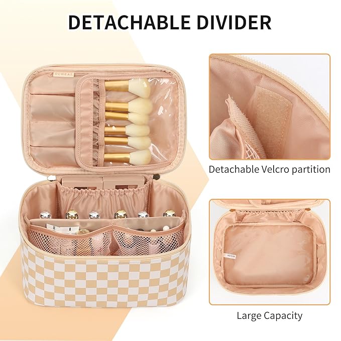 OCHEAL Makeup Bag,Travel Makeup Organizer Case, Large Capacity Cosmetic Bags for Wome Travel Toiletry Bag for Girls Traveling With Brush Slot And Divider-Plaid Beige