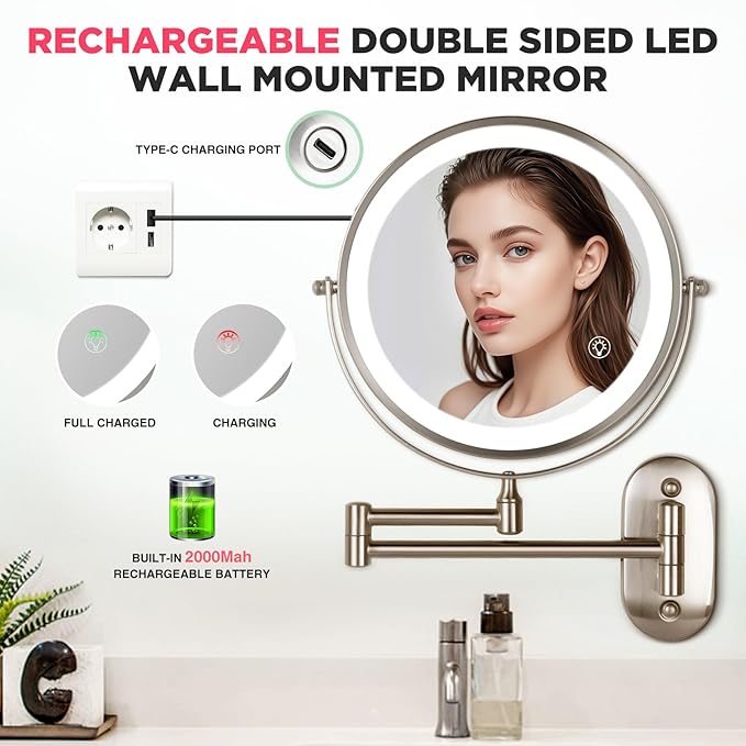 20X Magnifying Mirror with Light: 8.5 inch Lighted Makeup Mirror with 3 Colors, 360° Rotation Touch Screen Rechargeable Light up Mirror, Double Sided LED Vanity Mirror, Brushed Nickel