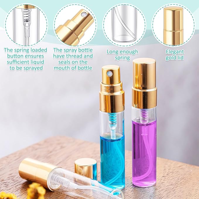 Zhehao 100 Pcs Mini Spray Bottles 5 ml Clear Glass Perfume Bottles Refillable Fine Mist Perfume Atomizer Portable Empty Sample Containers for Cleaning, Essential Oils, Travel (Gold Cap)