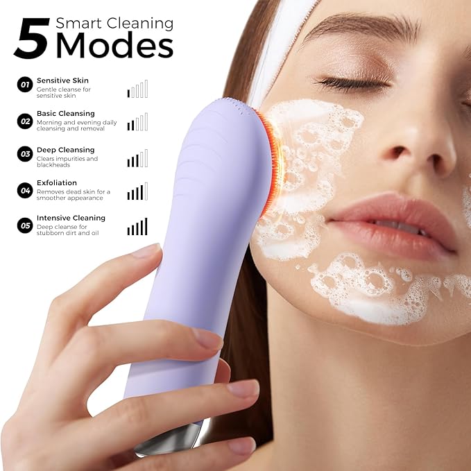 Facial Cleansing Brush Face Scrubber - Rechargeable Electric Face Cleansing Brush with 4 LED Gentle Light Liquid Silicone Modes Exfoliator,IPX7 Waterproof Ideal Gift for Men and Women-Purple