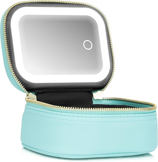 Small Makeup Bag with Led Mirror, Mini Travel Make up Bag 3 Light Modes Adjustable Brightness, for Women Organizer Cosmetic Bag, Portable Travel Train Toiletry Bag, for Pool Parties Work Touch-Ups